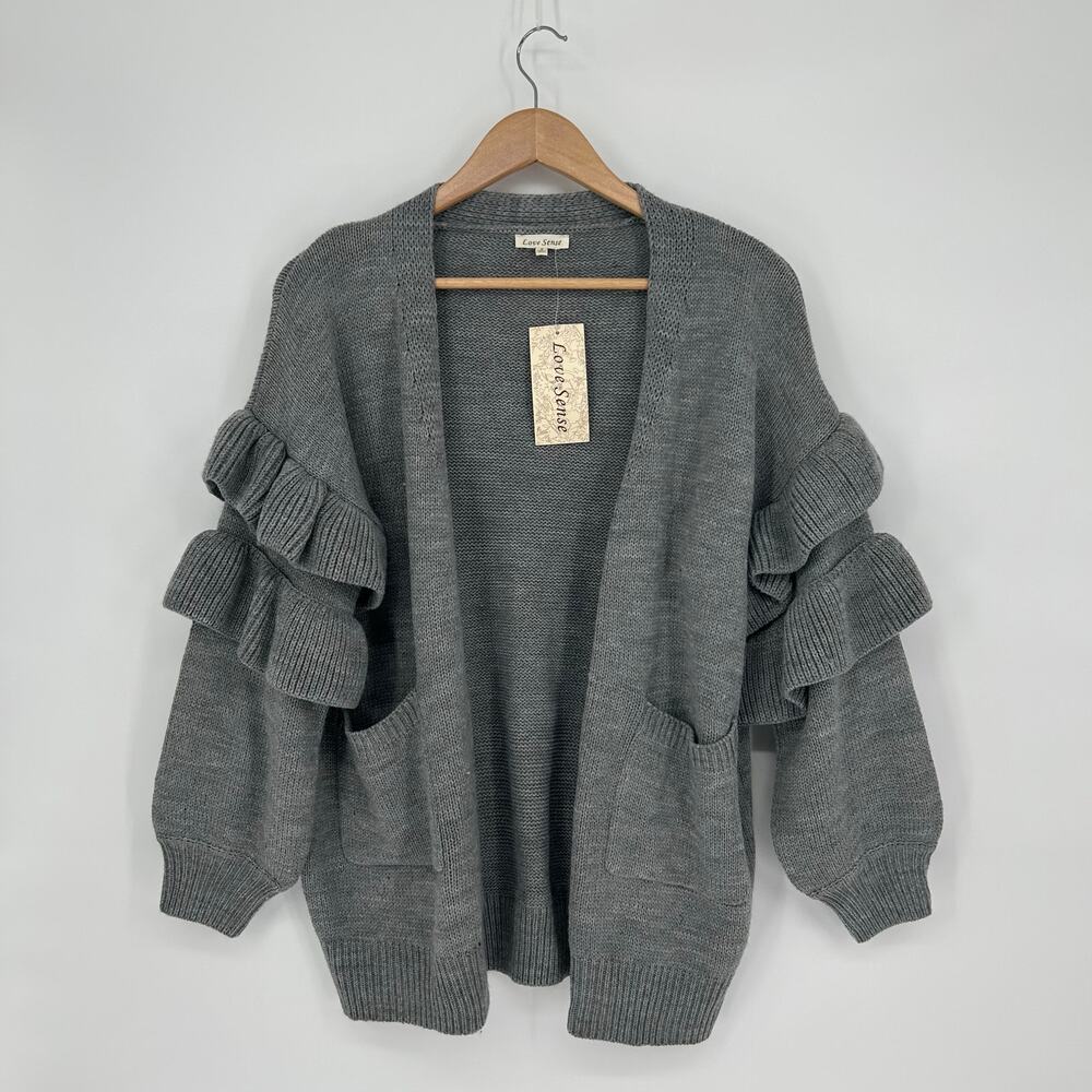 Love Sense Gray Cardigan Sz S‎ NWT – Ruffle Statement Sleeves – Chunky Knit